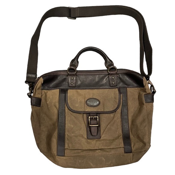Fossil Cow Hide Leather Canvas Double Handle Laptop Messenger Crossbody Bag Tote - Picture 1 of 12